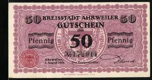 Notgeld Ahrweiler 1918, 50 Pfennig, Stadtsiegel, Wappen im Hintergrund