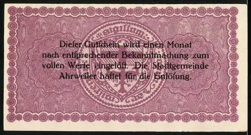 Notgeld Ahrweiler 1918, 50 Pfennig, Stadtsiegel, Wappen im Hintergrund