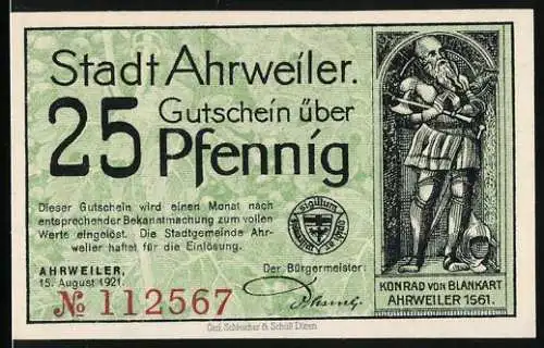 Notgeld Ahrweiler 1921, 25 Pfennig, Konrad von Blankart, Stadttor