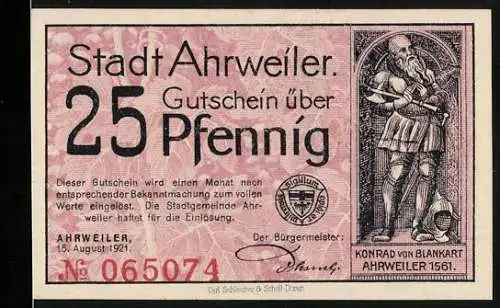 Notgeld Ahrweiler 1921, 25 Pfennig, Konrad von Blankart, Stadteingang
