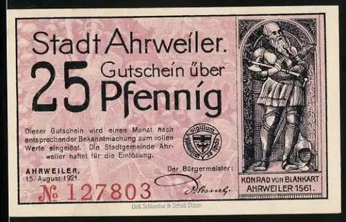 Notgeld Ahrweiler 1921, 25 Pfennig, Konrad von Blankart, Reiter am Stadttor