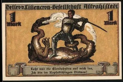 Notgeld Altrahlstedt 1922, 1 Mark, Ritter schägt die Hydra, Wappen von Liliencron