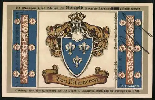 Notgeld Altrahlstedt 1922, 1 Mark, Ritter schägt die Hydra, Wappen von Liliencron