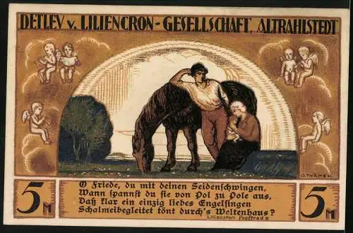 Notgeld Altrahlstedt 1922, 5 Mark, Detlev von Liliencron Konterfei, Junge Familie mit Pferd