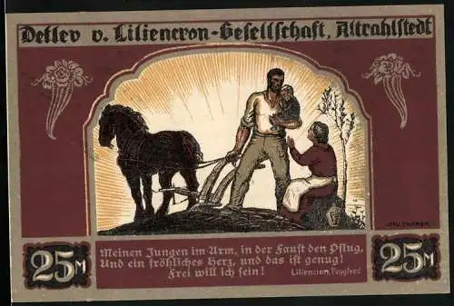 Notgeld Altrahlstedt 1922, 25 Mark, Mann mit Baby im Arm am Pferdepflug, daneben die Frau, Arbeitszimmer