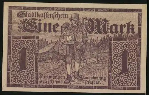Notgeld Furtwangen 1918, 1 Mark, Uhrenverkäufer mit Zylinder