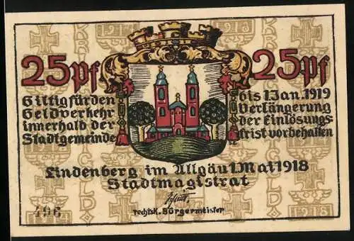 Notgeld Lindenberg im Allgäu 1918, 25 Pfennig, Wappen, Bauersfrau und Soldat