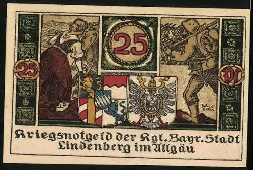 Notgeld Lindenberg im Allgäu 1918, 25 Pfennig, Wappen, Bauersfrau und Soldat