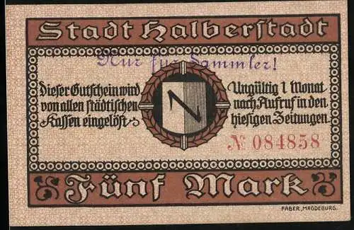 Notgeld Halberstadt 1918, 5 Mark, Das Stadtwappen