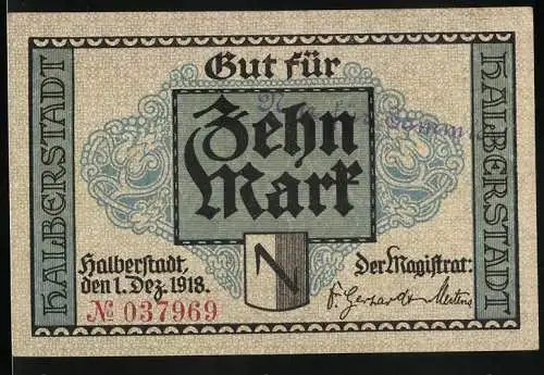 Notgeld Halberstadt 1918, 10 Mark, Ortsansicht mit Kirche