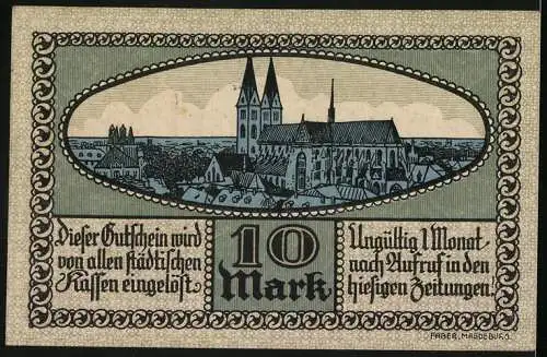 Notgeld Halberstadt 1918, 10 Mark, Ortsansicht mit Kirche