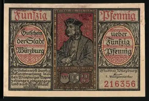 Notgeld Würzburg, 50 Pfennig, Meister Dill, Wappen