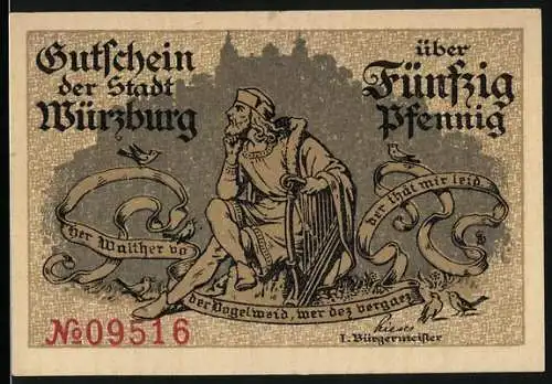 Notgeld Würzburg, 50 Pfennig, Walther von der Vogelweide