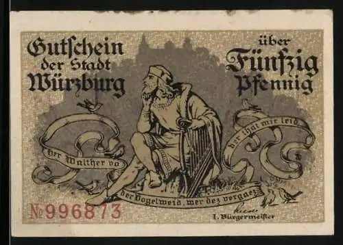 Notgeld Würzburg, 50 Pfennig, Walther von der Vogelweide, Wappen