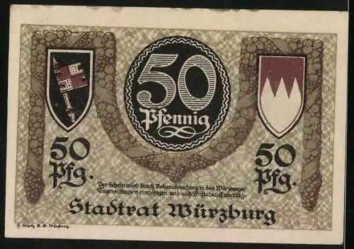 Notgeld Würzburg, 50 Pfennig, Walther von der Vogelweide, Wappen