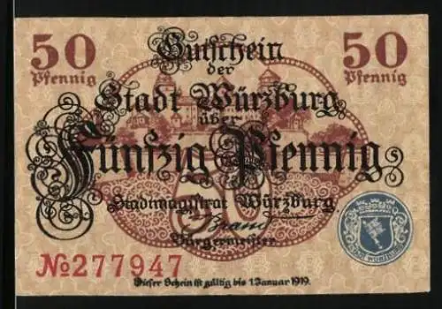 Notgeld Würzburg, 50 Pfennig, Schloss im Hintergrund