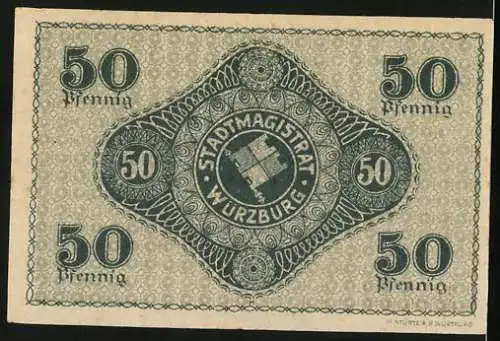 Notgeld Würzburg, 50 Pfennig, Schloss im Hintergrund