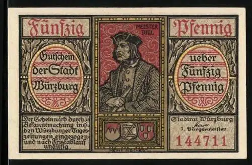 Notgeld Würzburg, 50 Pfennig, Portrait von Meister Dill, Stadtwappen