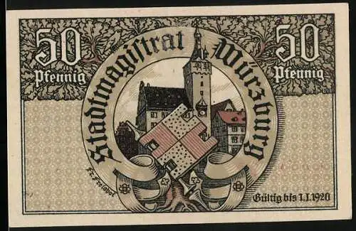 Notgeld Würzburg, 50 Pfennig, Rathaus und Ortsansicht