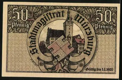 Notgeld Würzburg, 50 Pfennig, Ortsansicht und Rathaus