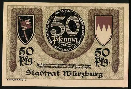 Notgeld Würzburg, 50 Pfennig, Wappen und Walther von der Vogelweide
