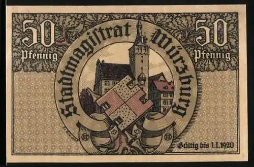 Notgeld Würzburg, 50 Pfennig, Das Rathaus, Ortsansicht, Darstellung eines Geistlichen