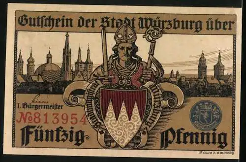 Notgeld Würzburg, 50 Pfennig, Das Rathaus, Ortsansicht, Darstellung eines Geistlichen