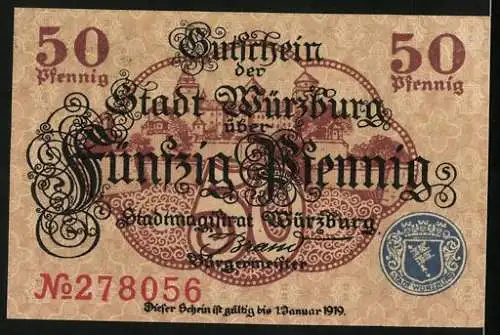 Notgeld Würzburg, 50 Pfennig, Ein Schloss im Hintergrund