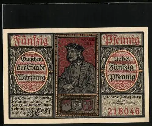 Notgeld Würzburg, 50 Pfennig, Darstellung von Meister Dill, Stadtwappen