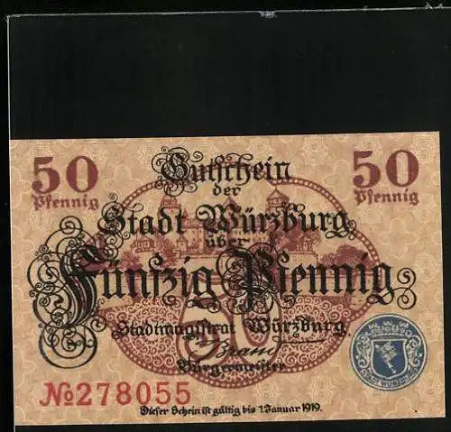 Notgeld Würzburg, 50 Pfennig, Ein Schloss im Hintergrund, Wappen