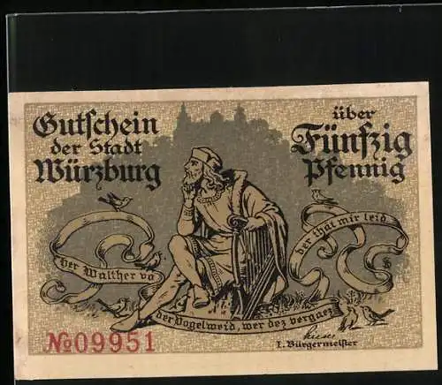 Notgeld Würzburg, 50 Pfennig, Walther von der Vogelweide mit einer Harfe