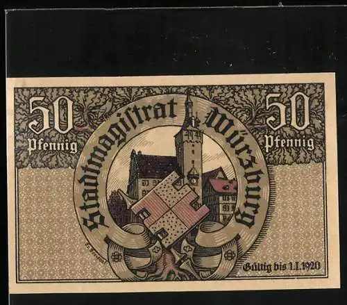 Notgeld Würzburg, 50 Pfennig, Blick auf die Kirche, Bischof, Ortsansicht