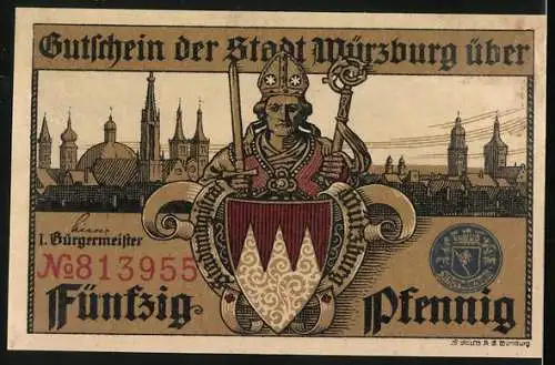Notgeld Würzburg, 50 Pfennig, Blick auf die Kirche, Bischof, Ortsansicht