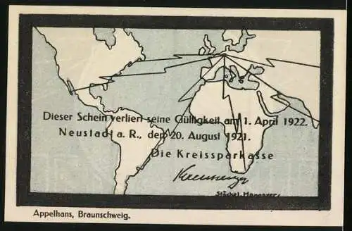 Notgeld Neustadt a. R. 1921, 50 Pfennig, Funkanlage - Richtantenne, Weltkarte