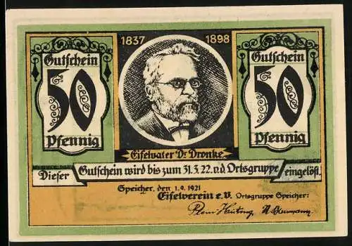 Notgeld Speicher 1921, 50 Pfennig, Eifelvater Dr. Dronke, Die Burg Kerpen im Frühling