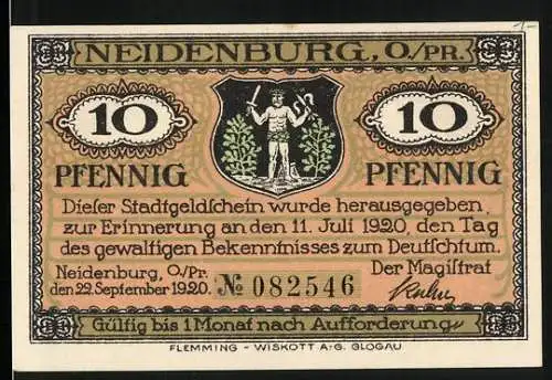 Notgeld Neidenburg o. Pr. 1920, 10 Pfennig, Ortsansicht am Wasser