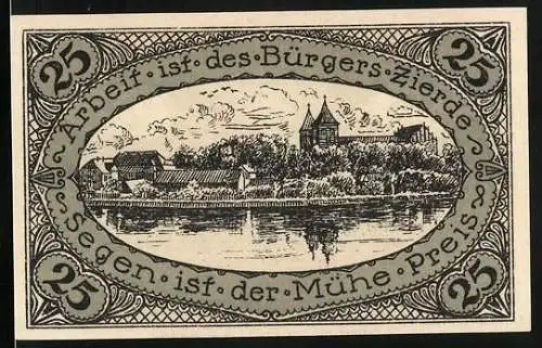 Notgeld Neidenburg o. Pr. 1920, 25 Pfennig, Ortsansicht am Wasser