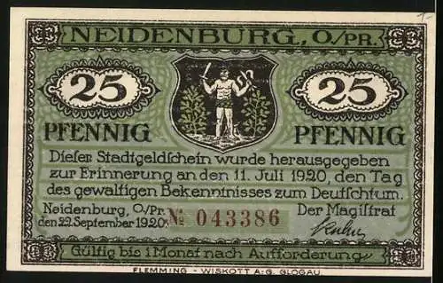 Notgeld Neidenburg o. Pr. 1920, 25 Pfennig, Ortsansicht am Wasser