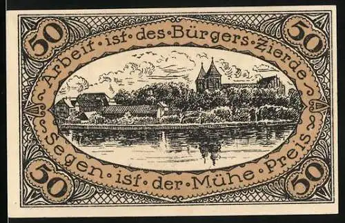 Notgeld Neidenburg o. Pr. 1920, 50 Pfennig, Ortsansicht am Wasser
