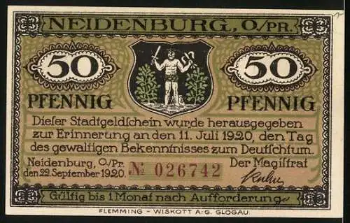 Notgeld Neidenburg o. Pr. 1920, 50 Pfennig, Ortsansicht am Wasser