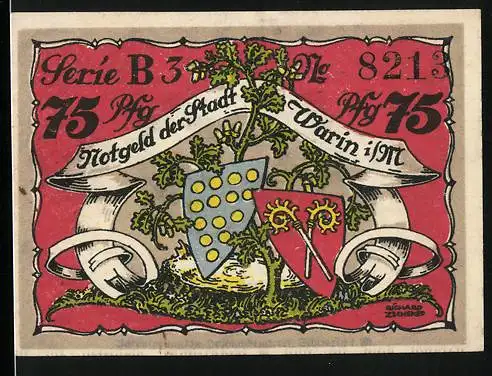 Notgeld Warin i. M. 1922, 75 Pfennig, Die Alte Bischofsburg, nun das Amt zu Warin