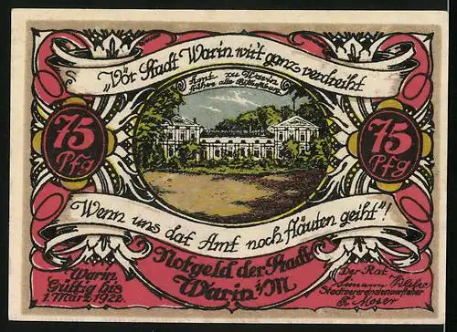 Notgeld Warin i. M. 1922, 75 Pfennig, Die Alte Bischofsburg, nun das Amt zu Warin