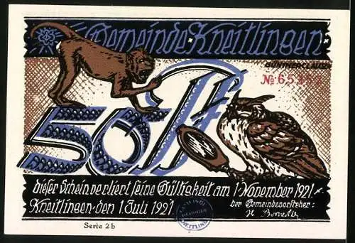 Notgeld Kneitlingen 1921, 50 Pfennig, Eule und Affe, Till und der Burgherr von Ampleben