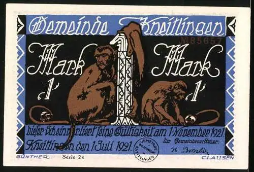 Notgeld Kneitlingen 1921, 1 Mark, Eulenspiegel auf einem Esel