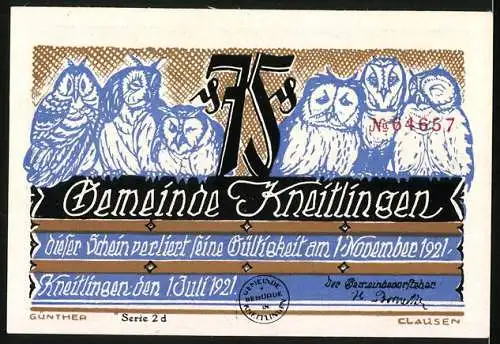 Notgeld Kneitlingen 1921, 75 Pfennig, Eulenspiegel verkauft einen Dachhasen für einen Feldhasen