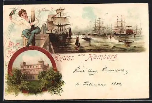 Lithographie Hamburg, Hafen, Seewarte