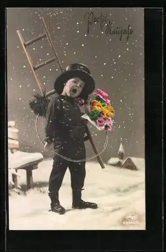 AK Kleiner Schornsteinfeger mit Rosenstrauss im Schnee
