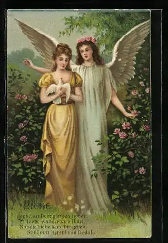 AK Liebe, Engel wacht über eine hübsche junge Frau, die eine weisse Taube in der Hand hält, Um 1900