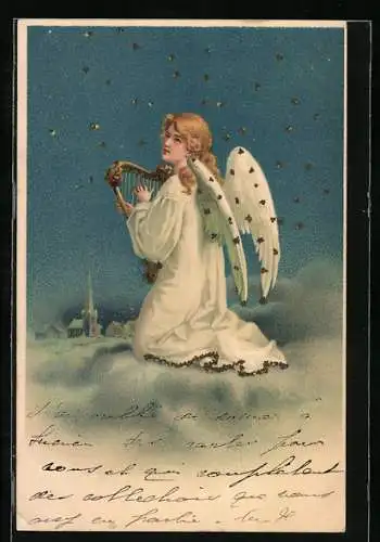AK Weihnachtsengel mit Harfe