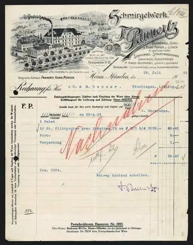 Rechnung Hann. Münden 1921, F. Pannertz, Schmirgelwerk, Betriebsgelände am Wasser und Preis-Medaillen